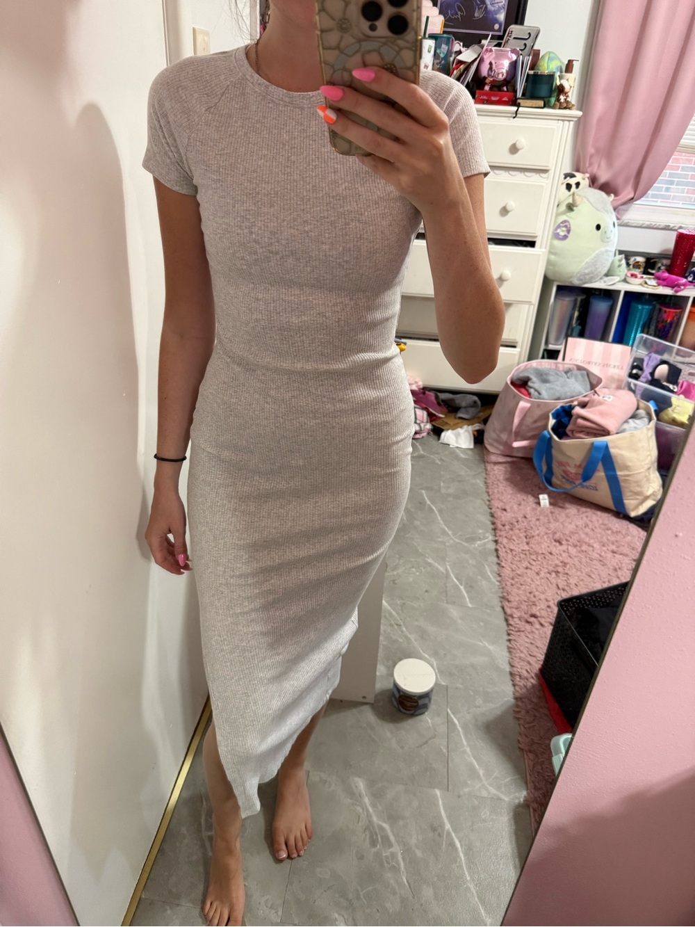 PINK Victoria's Secret Light Beige Ribbed Short-Sleeve Midi Dress